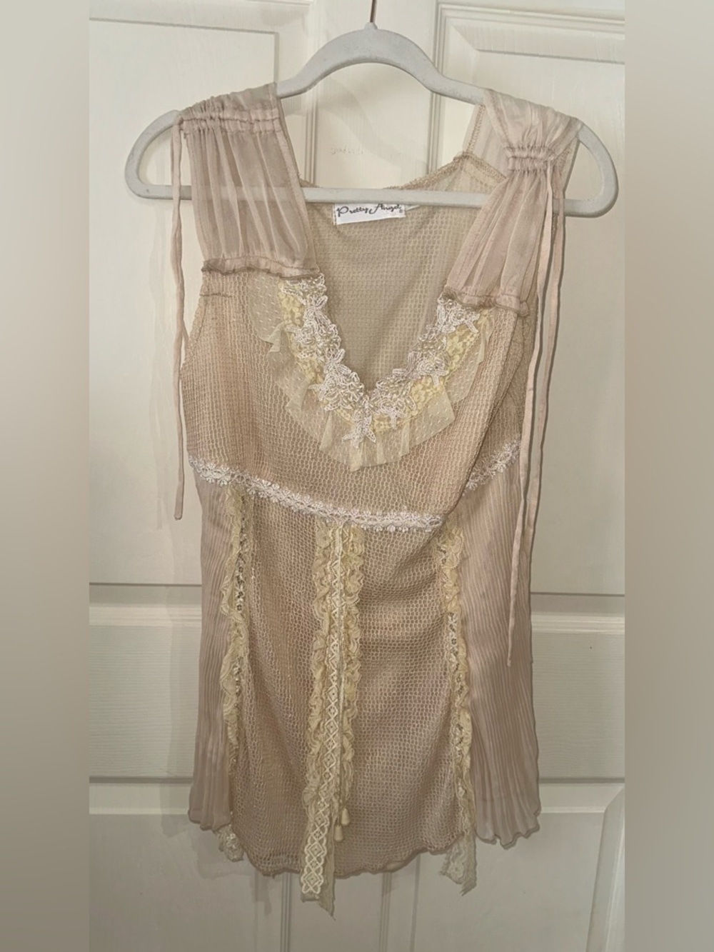 Pretty Angel Cream Vintage beaded Lace Trim silk blend blouse S festival